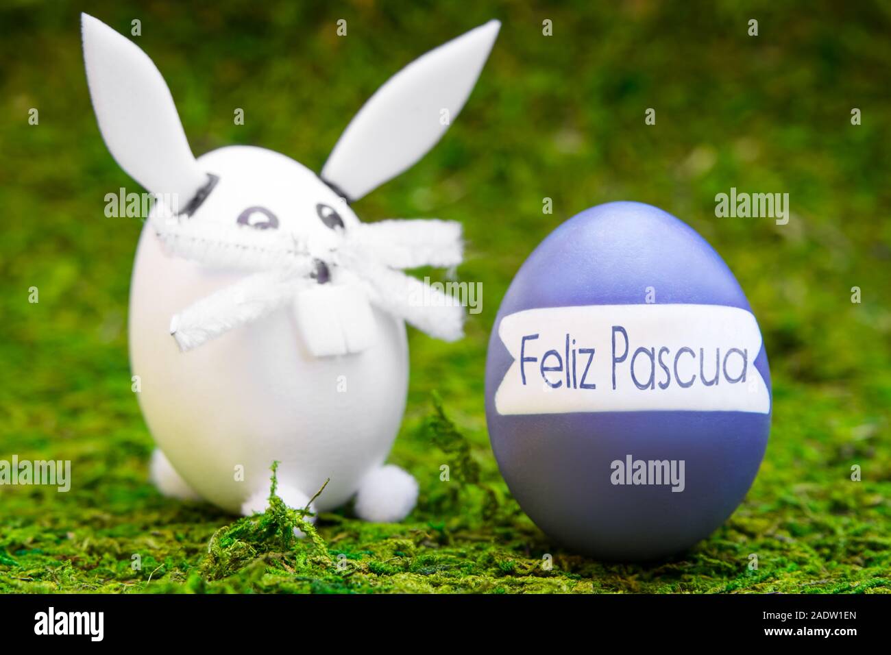 Easter bunny figures and purple easter egg with spanish text feliz
