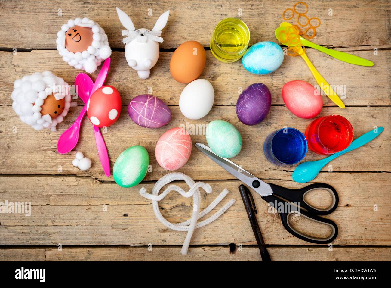Flatlay, handicrafts and crafts for the easter season, creative decoration materials Stock Photo