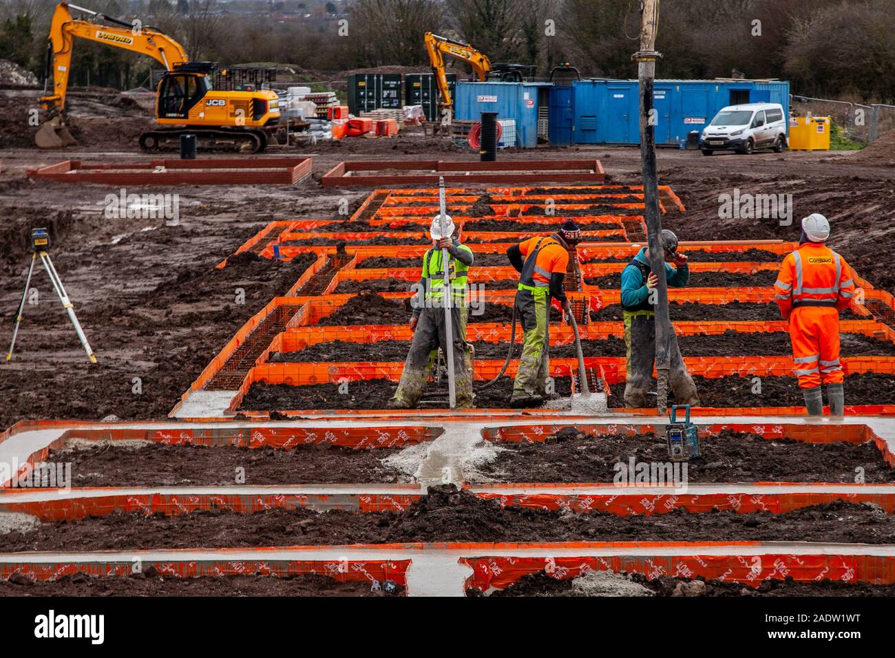 Persimmon Homes, Douglas Garden development at Hesketh Bank in Lancashire as concrete foundation footings are being prepared. December, 2019 Stock Photo