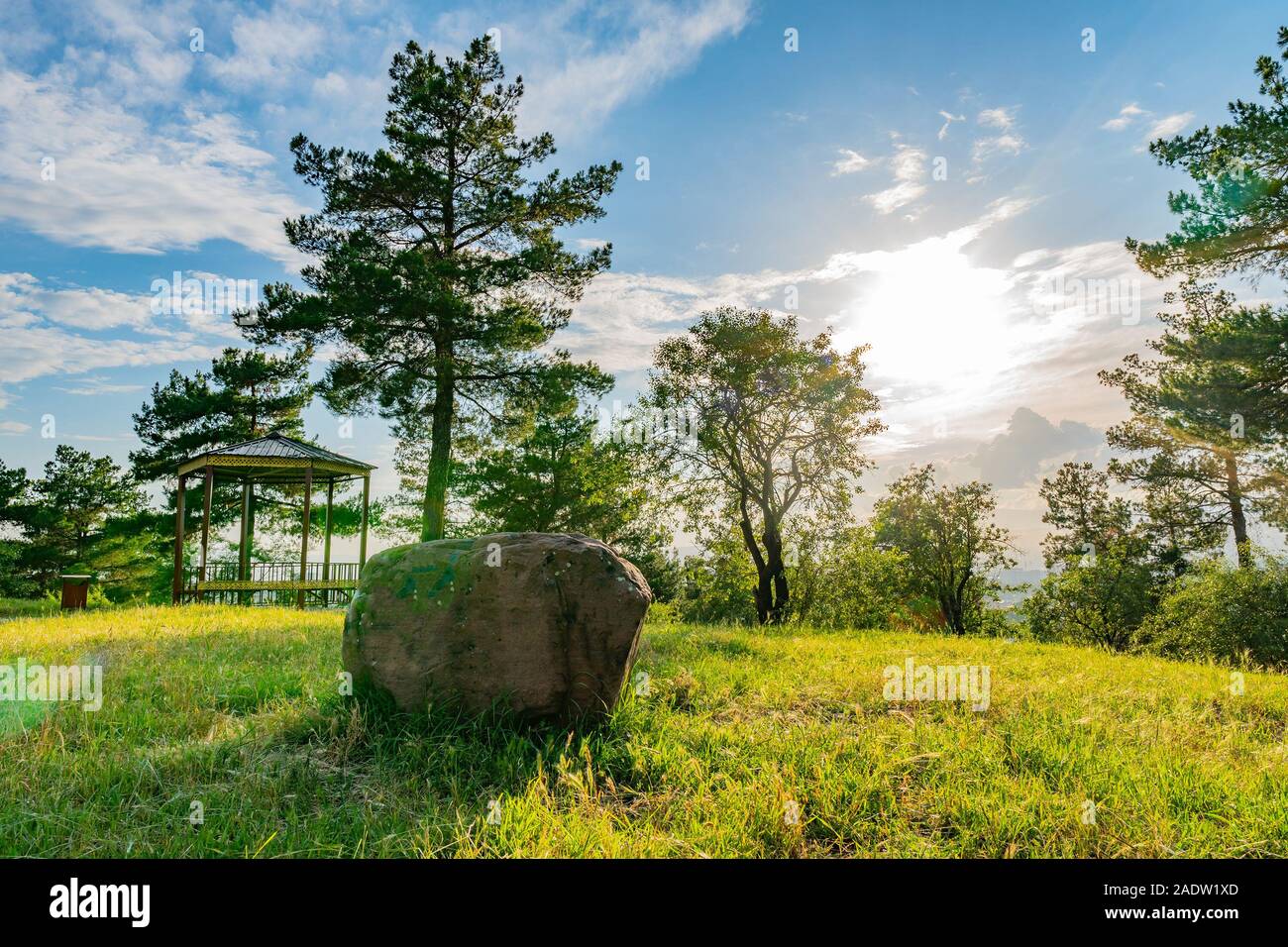 Dushanbe Victory Park Pobedy Picturesque Breathtaking View of a Rock and Pavilion on a Sunset Blue Sky Day Stock Photo