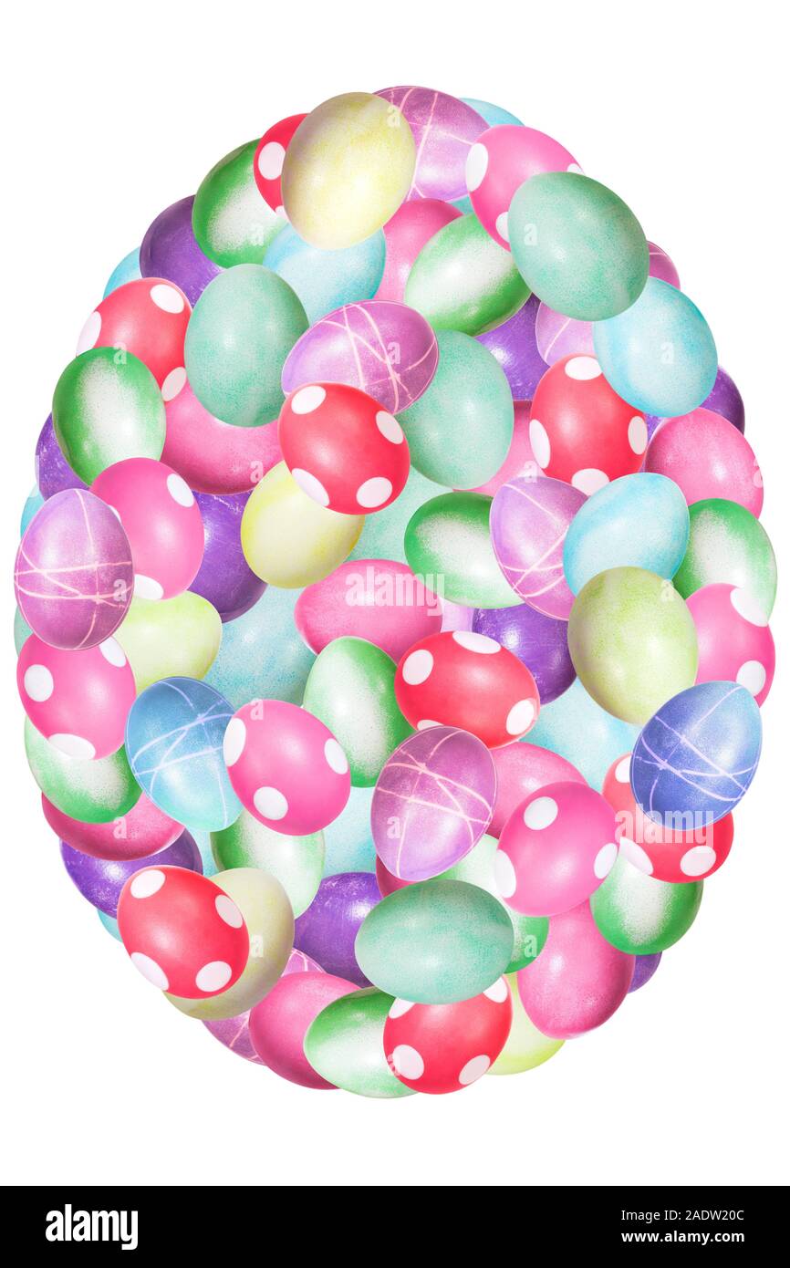 Lots of colorful easter egg collage, egg shaped isolated on white Stock Photo