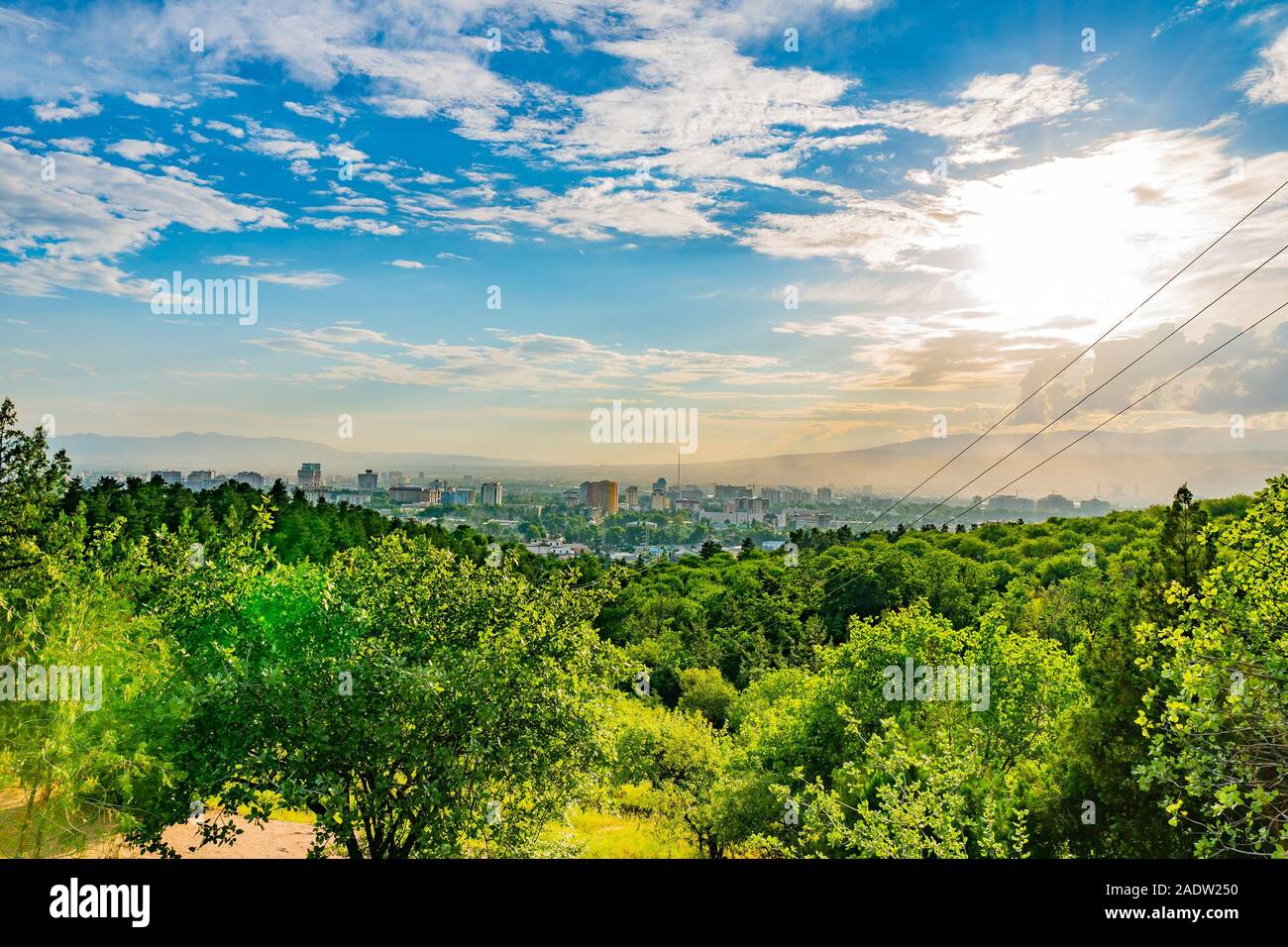 Dushanbe Victory Park Pobedy Picturesque Breathtaking Cityscape View on a Sunset Blue Sky Day Stock Photo
