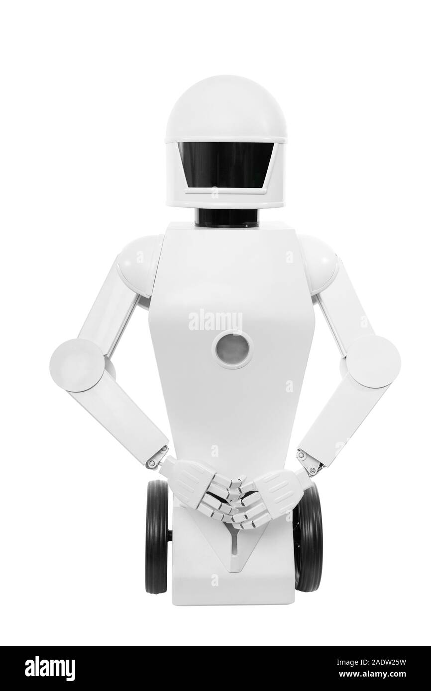 closeup of an cute autonomous service robot, isolated in front of a white background Stock Photo
