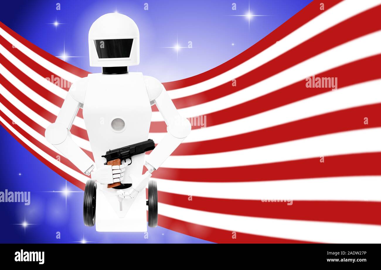 war robot with weapon in front of the united states of america flag Stock Photo