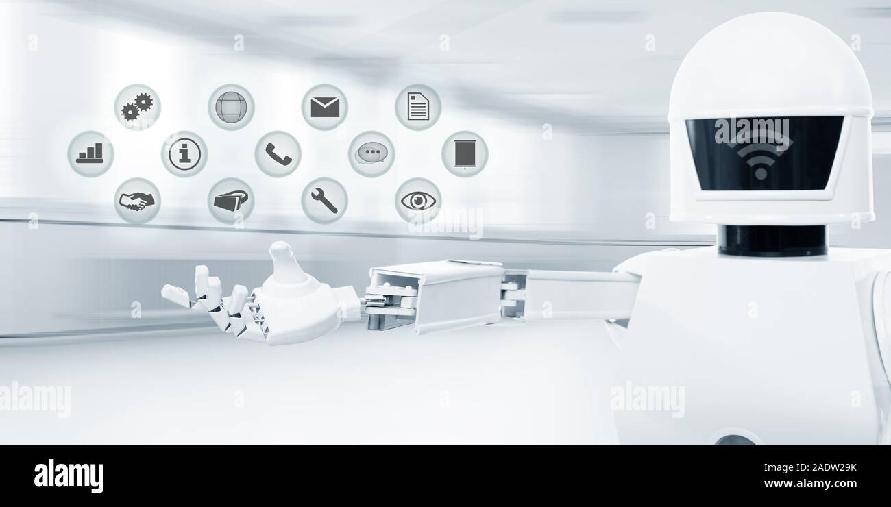 white futuristic service robot in front of an business office, panorama with concept future technology, icons on a virtual touchscreen Stock Photo