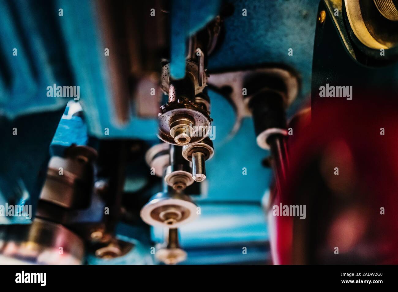 Detail of the metal elements of a machine, with steel rollers Stock ...