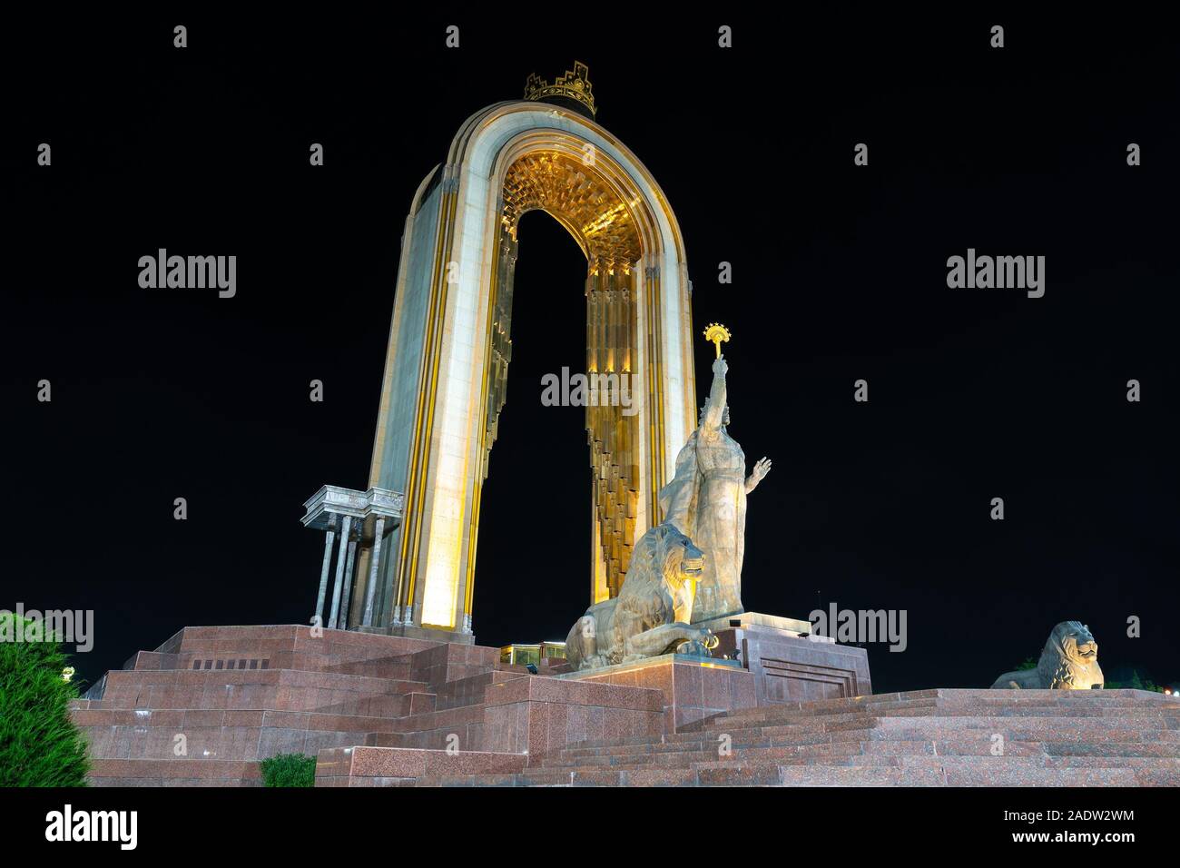 Dushanbe Ismoil Somoni Holding with his Right Hand a Scepter Statue Picturesque View at Dark Night Time Stock Photo