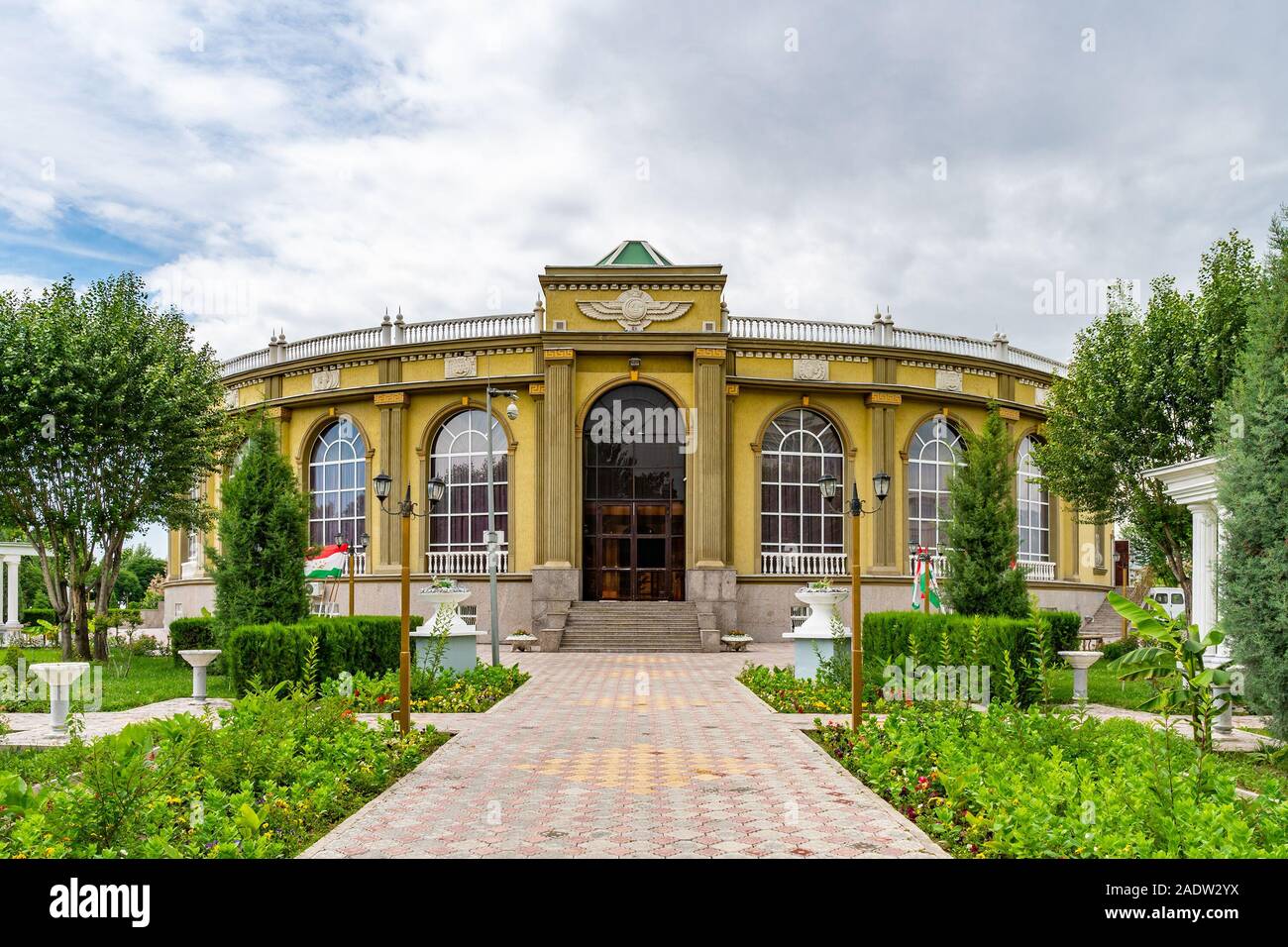 Dushanbe Amphitheater Park Picturesque View at Ismoil Somoni Avenue on a Cloudy Rainy Sky Day Stock Photo