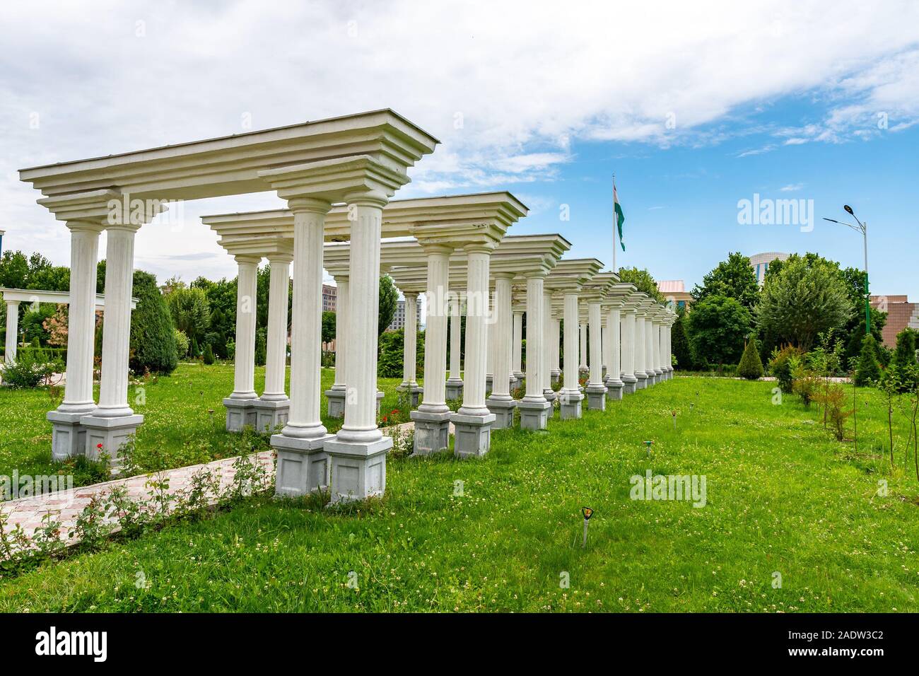 Dushanbe Amphitheater Park Picturesque Garden View at Ismoil Somoni Avenue on a Cloudy Rainy Sky Day Stock Photo