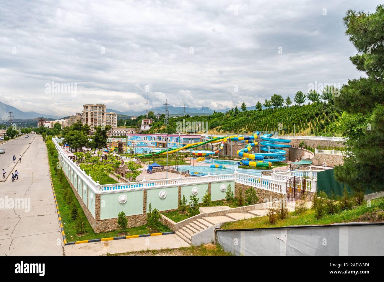 Dushanbe Aquapark Obshoron Picturesque View at Ismoil Somoni Avenue on a Cloudy Rainy Sky Day Stock Photo