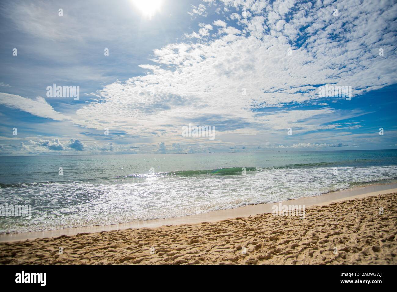 Beautiful mexican beach and amazing sky colors at Caribbean Sea Stock Photo