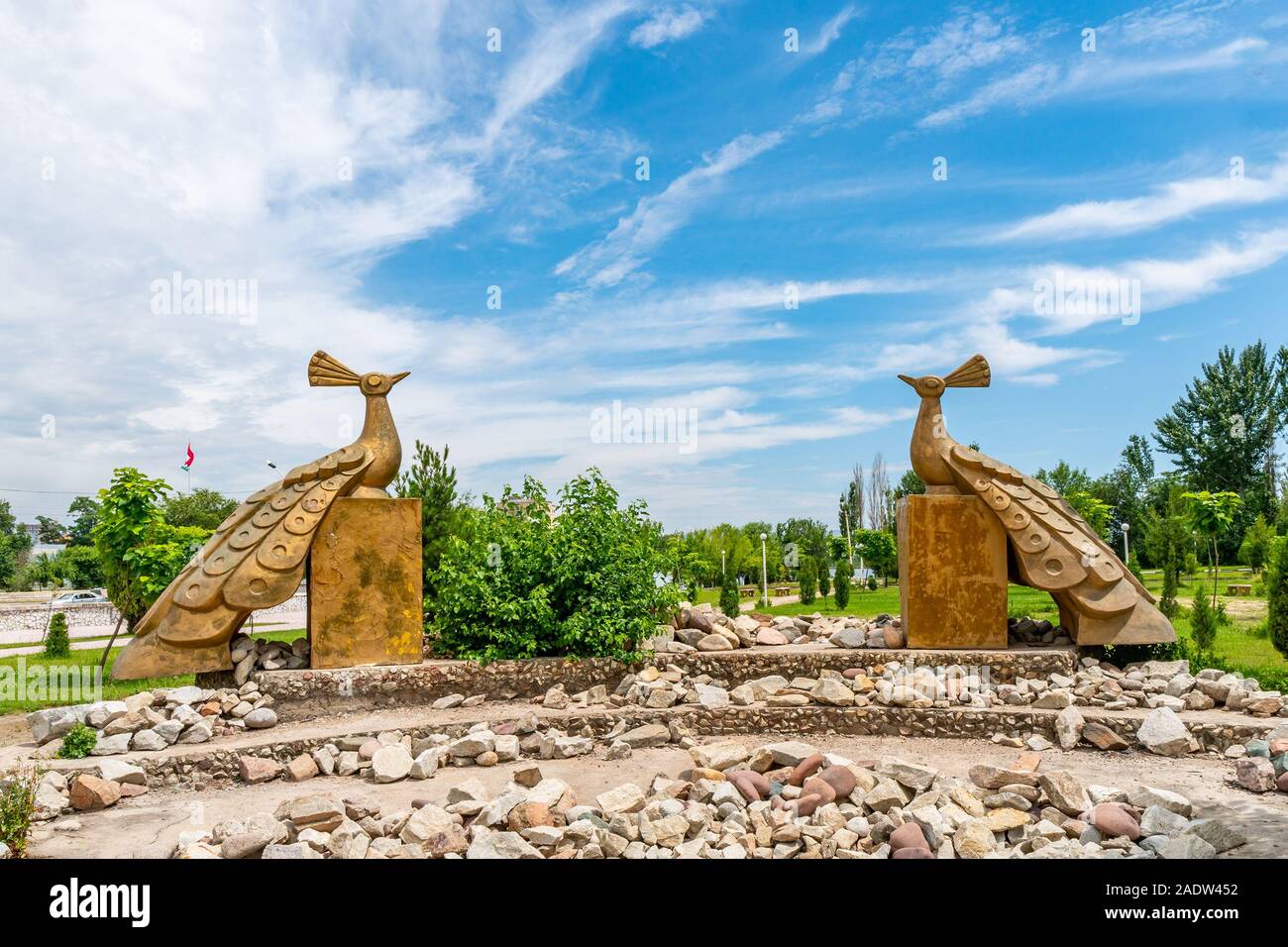 Dushanbe Concert Complex Kokhi Borbad Picturesque View of Two Peacock Statues at Park on a Cloudy Rainy Day Stock Photo