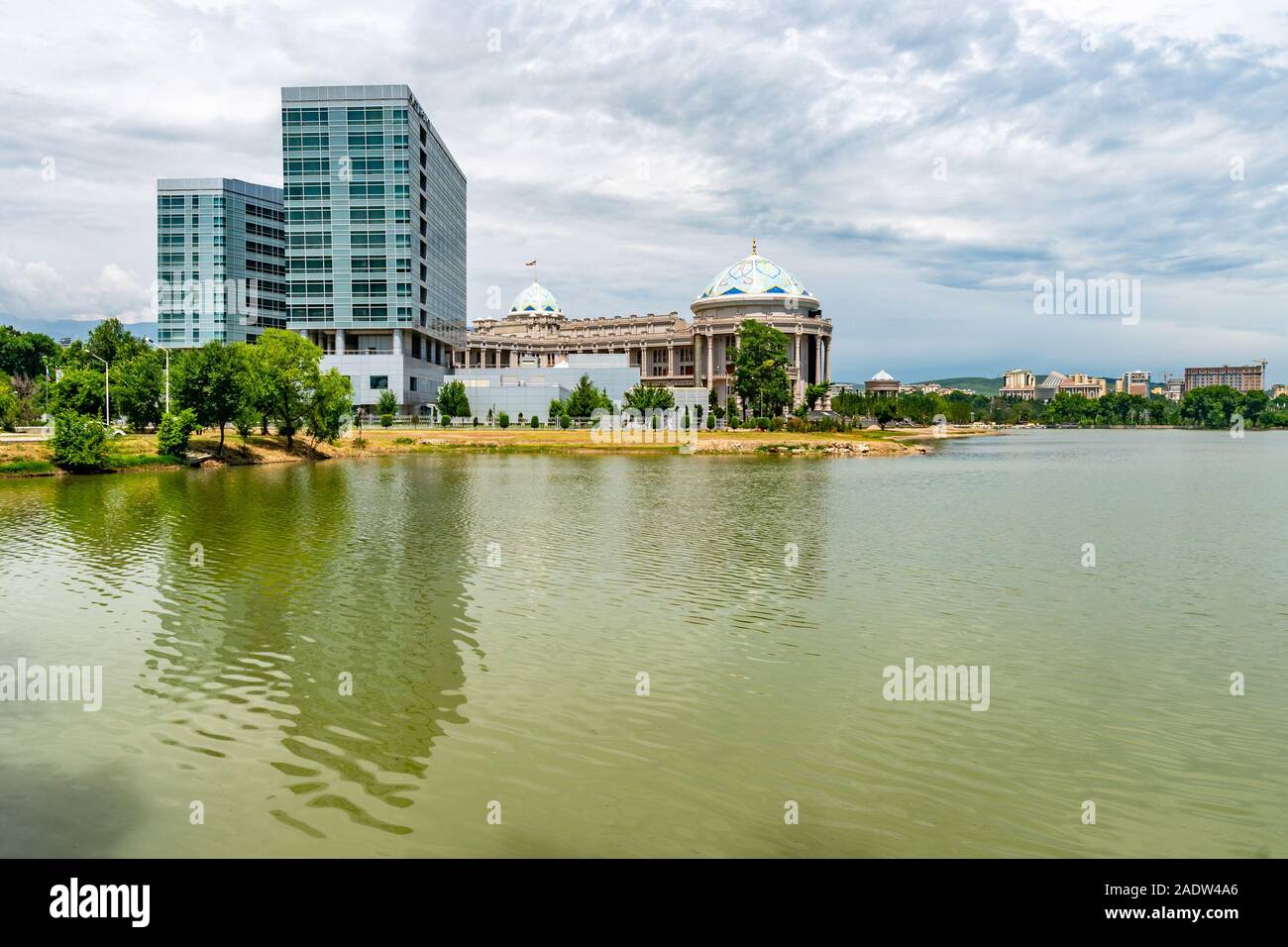 Dushanbe Hyatt Regency Hotel Picturesque View of Komsomolskoe Lake on a Cloudy Rainy Day Stock Photo