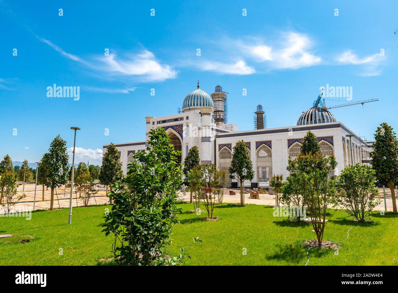 Dushanbe Mosque of Tajikistan Under Construction Picturesque View on a Sunny Blue Sky Day Stock Photo