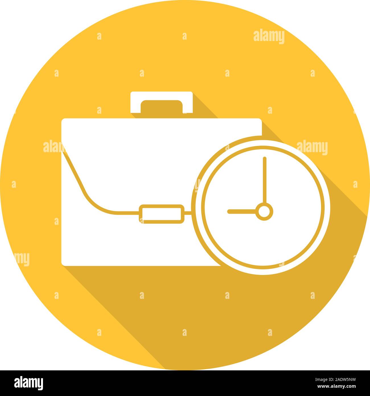 Work time flat design long shadow icon. Business briefcase with clock. Vector silhouette symbol Stock Vector