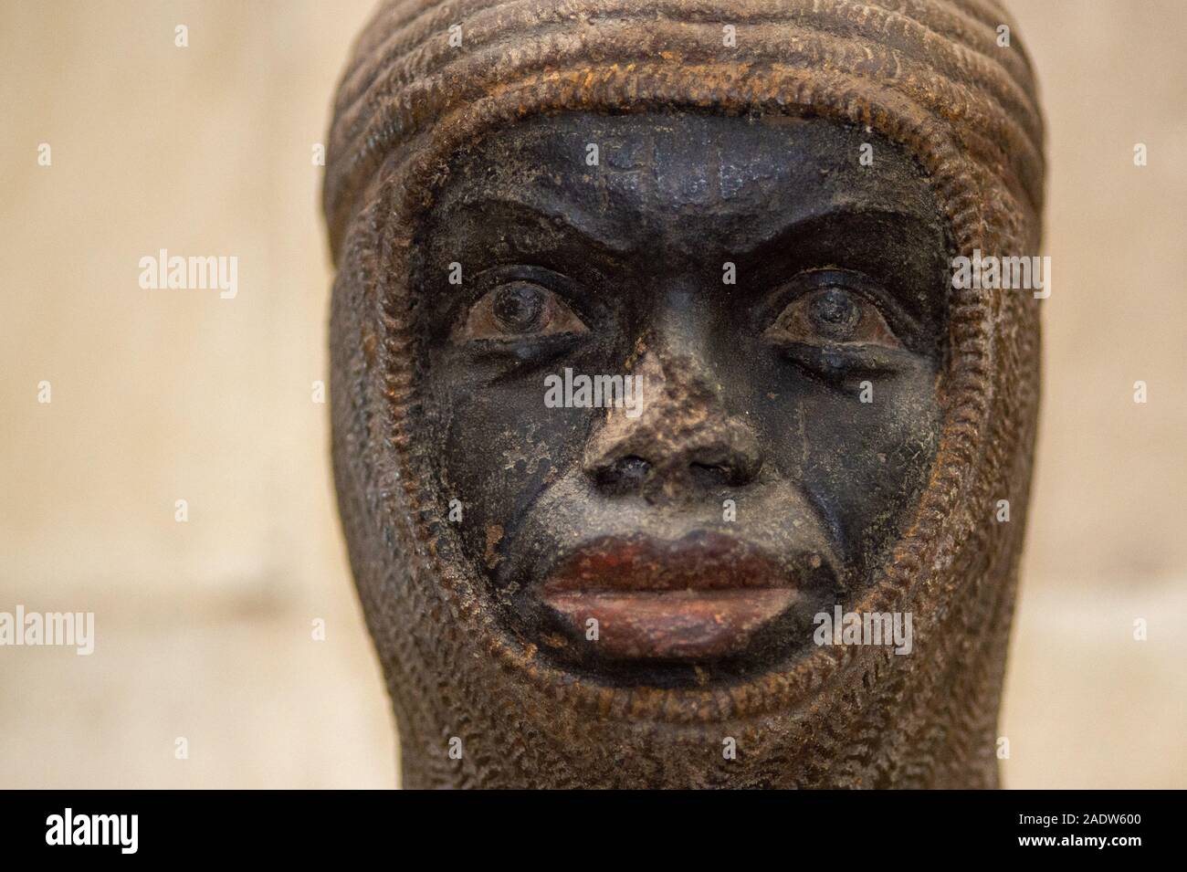 05 December 2019, Saxony-Anhalt, Magdeburg: The face of the original  sculpture of Saint Mauritius (Magdeburg in the middle of the 13th century) in  the cathedral. Since 05 December 2019 a new interpretation