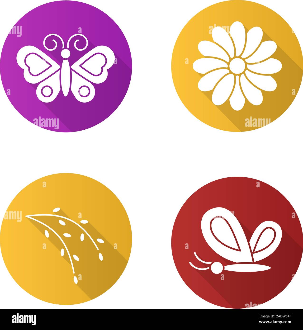 Spring flat design long shadow icons set. Butterflies, camomile flower, willow blossom. Nature. Vector silhouette illustration Stock Vector