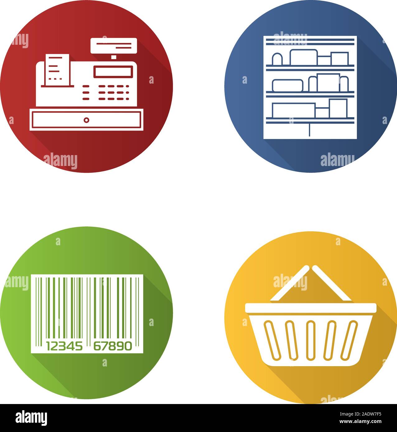Supermarket flat design long shadow icons set. Shopping basket, cash register, bar code, shop