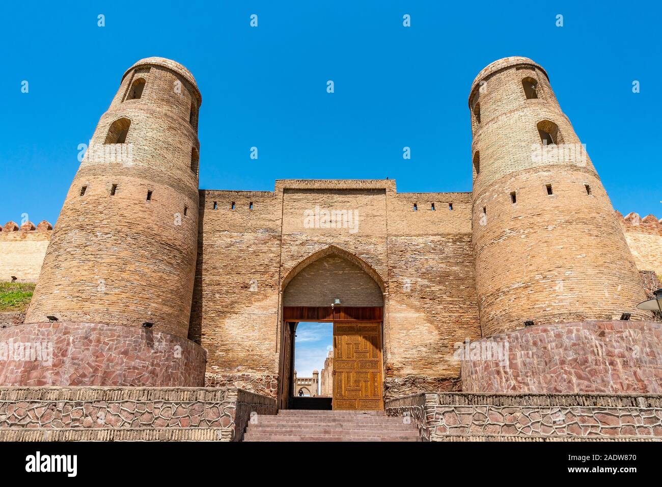 Hisor Fortress Main Gate Entrance Walls Picturesque Breathtaking View on a Sunny Blue Sky Day Stock Photo