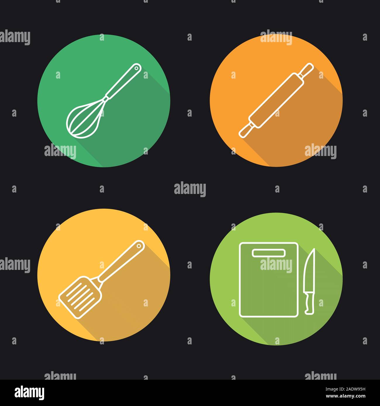 Kitchen tools flat linear long shadow icons set. Cooking instruments
