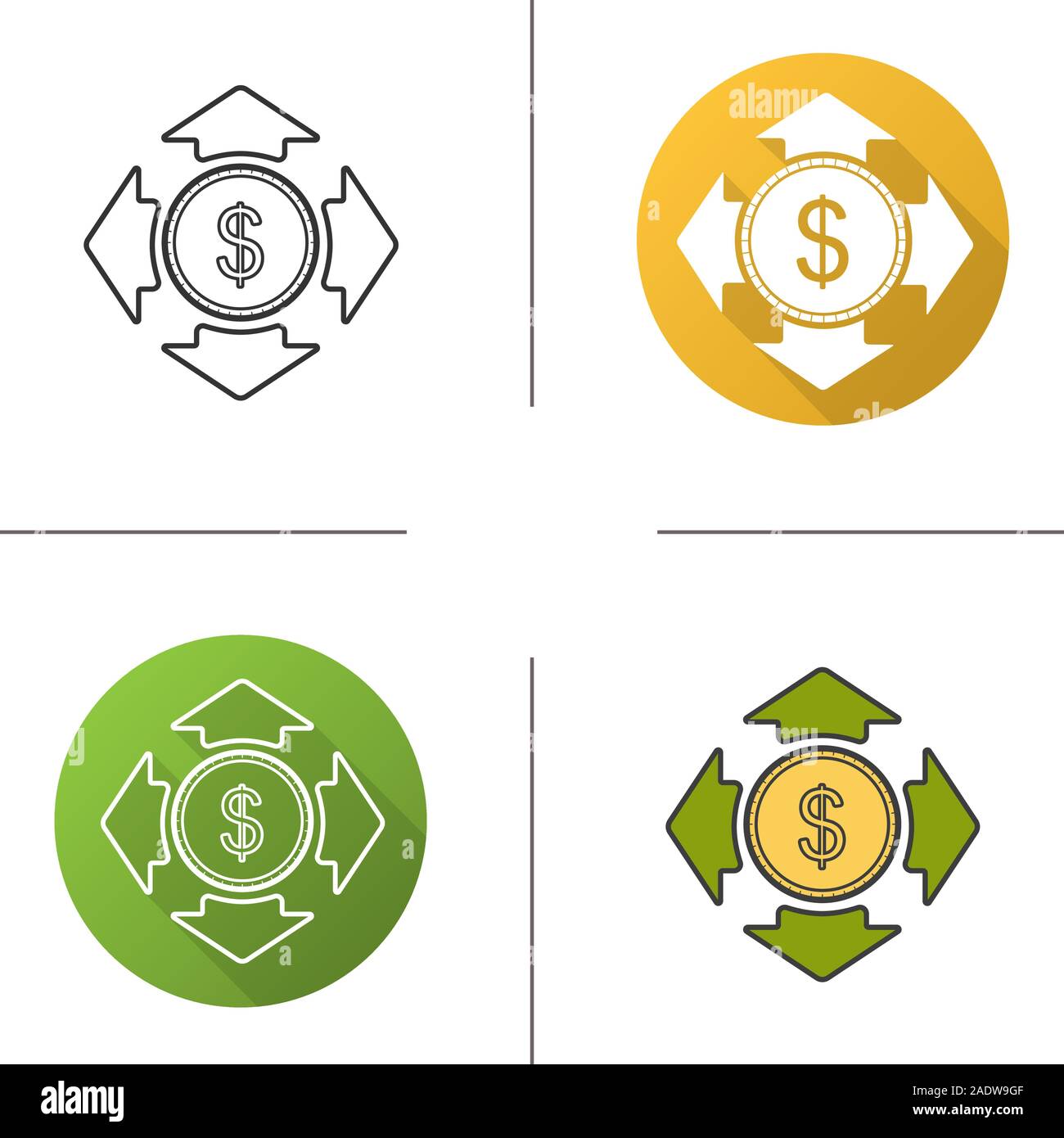 Money spending icon. Flat design, linear and color styles. Dollar coin ...