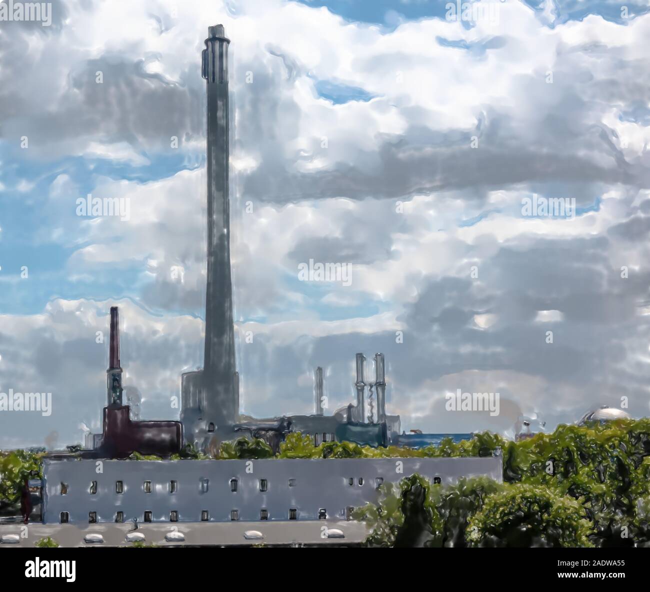 watercolor illustration: View of a combined heat and power plant with a long chimney in front of a dramatic sky covered with clouds, industry Stock Photo