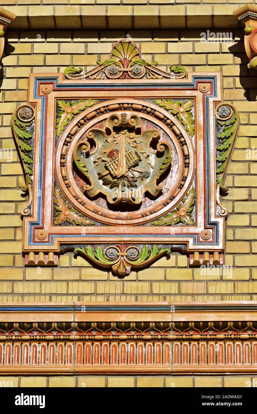 Zsolnay decoration on the Millenium House, known as Olof Palme House in the Varosliget in Budapest, Hungary Stock Photo