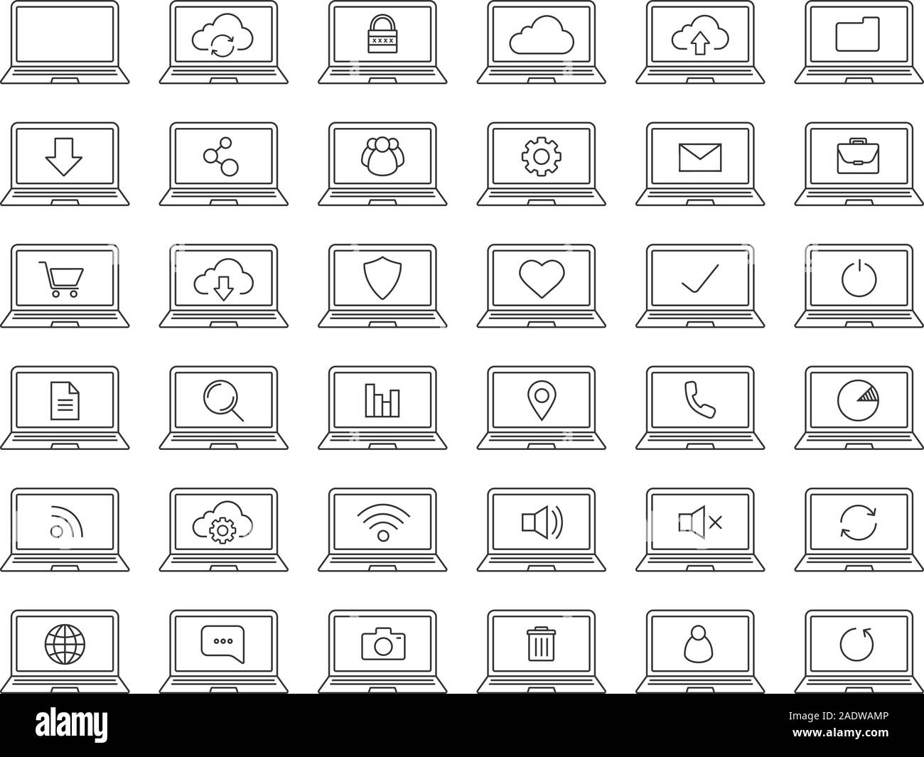 Laptops linear icons set. Laptops with wifi connection, cloud computing, users, protection, document, folder, settings pictograms. Thin line contour s Stock Vector