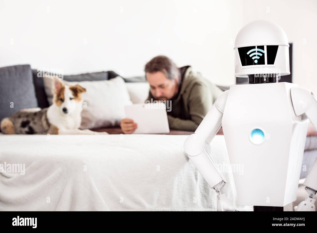 man is laying on a couch with his puppy dog and uses his tablet while his service household robot is standing in the front, a lan or wifi symbol on hi Stock Photo