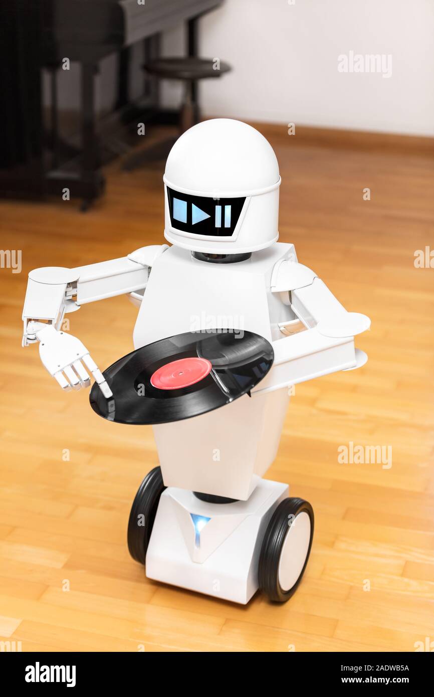 music robot is playing a record while touching with his finger the record.  Cocept music streaming or downloading, futuristic music player Stock Photo  - Alamy