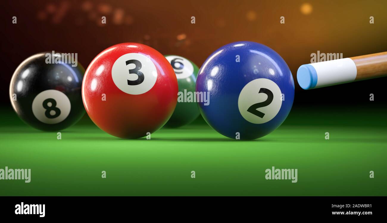 Close-up of billiard balls, snooker aim the cue ball, 3d rendering Stock Photo
