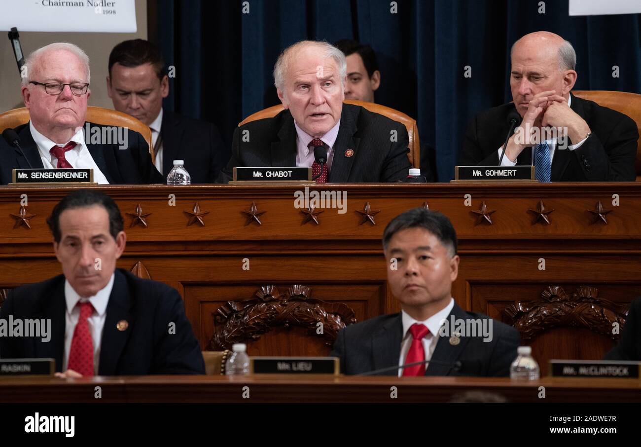 United States Representative Steve Chabot (Republican of Ohio), upper center, speaks during a US House Judiciary Committee hearing on the impeachment of US President Donald Trump on Capitol Hill in Washington, DC, December 4, 2019. Looking on at upper left is US Representative F. James Sensenbrenner (Republican of Wisconsin), at upper right is US Representative Louie Gohmert (Representative of Texas), at lower left is US Representative Jamie Raskin (Democrat of Maryland) and at lower right is US Representative Ted Lieu (Democrat of California).Credit: Saul Loeb/Pool via CNP | usage worldwid Stock Photo
