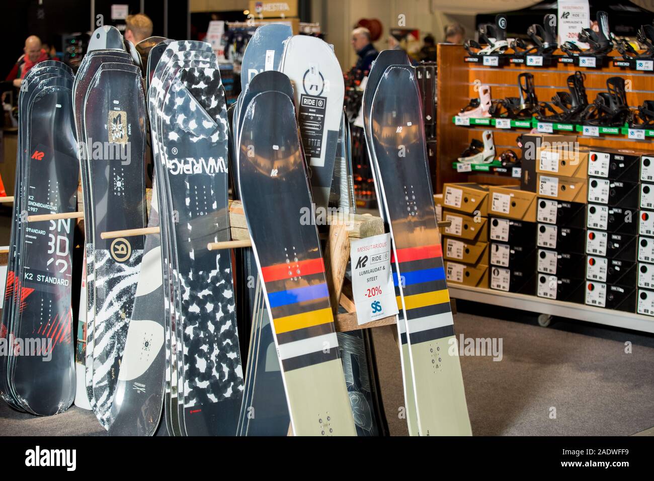 HELSINKI, FINLAND NOVEMBER 15, 2019 Ski shop sale. Rows of different