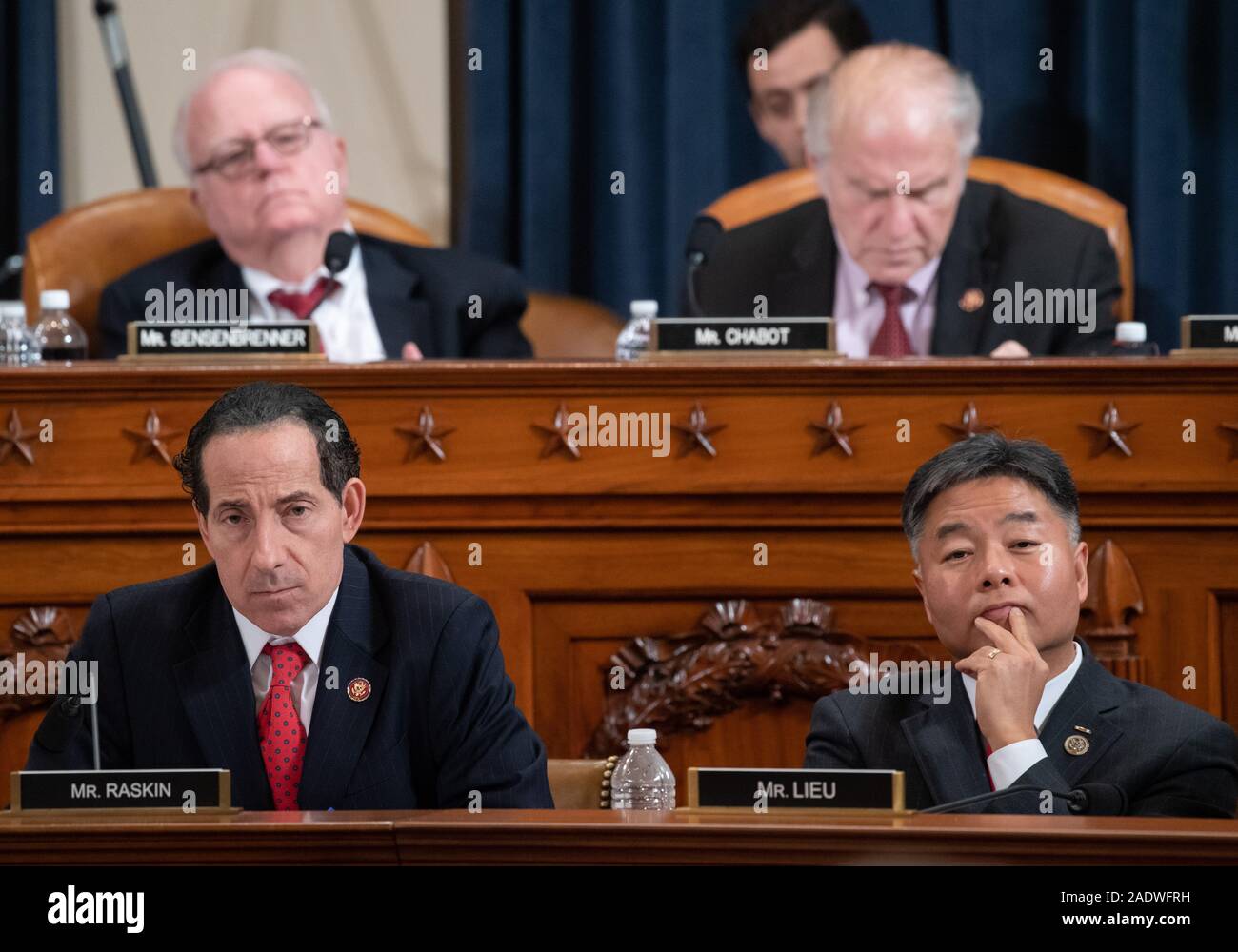 United States Representative Jamie Raskin (Democrat of Maryland), lower right, and US Representative Ted Lieu (Democrat of California), lower right, attend a House Judiciary Committee hearing on the impeachment of US President Donald Trump on Capitol Hill in Washington, DC, December 4, 2019.Credit: Saul Loeb/Pool via CNP | usage worldwide Stock Photo