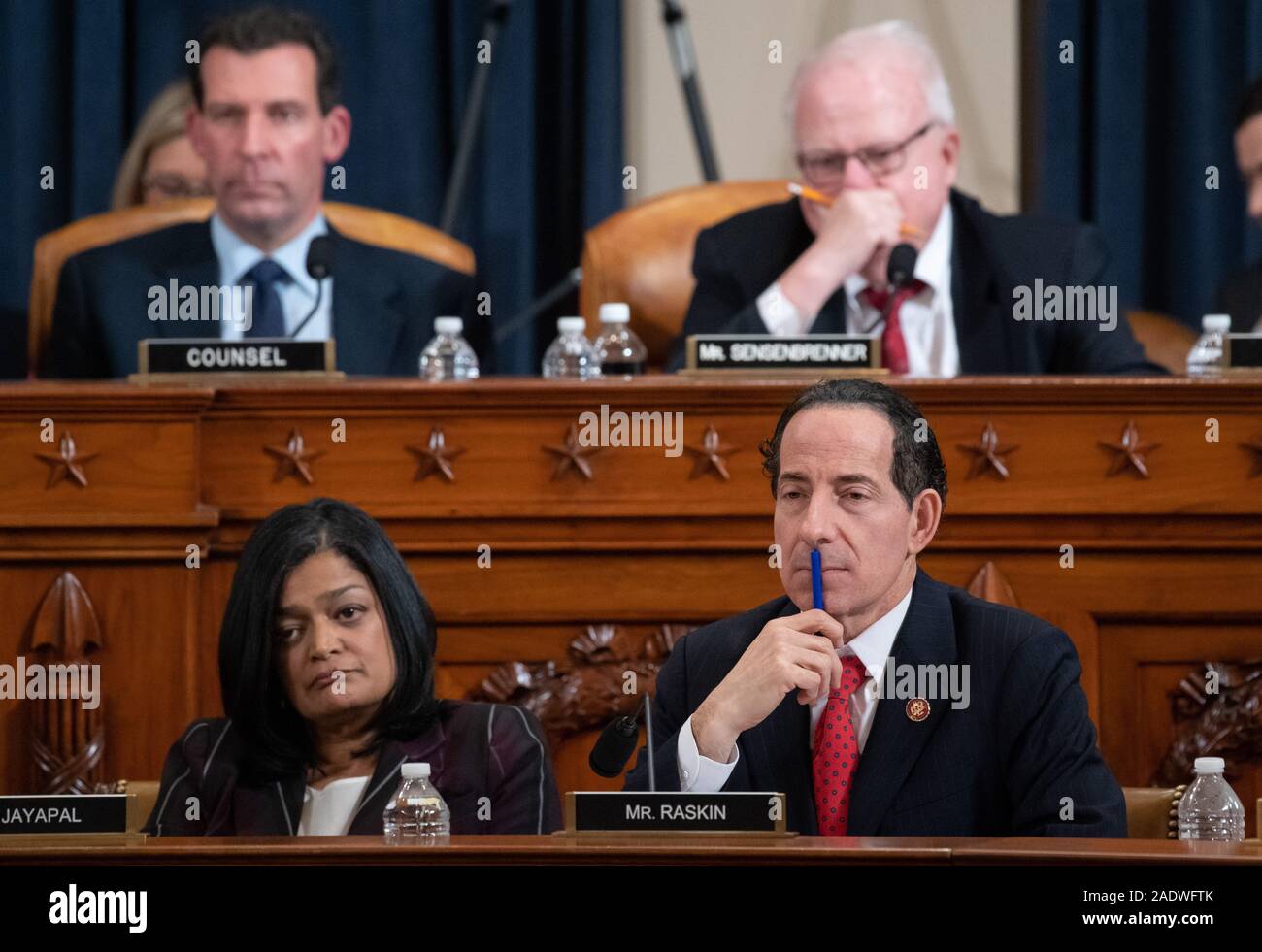 United States Representative Jamie Raskin (Democrat of Maryland), lower right, and US Representative Pramila Jayapal (Democrat of Washington), lower left, attend a US House Judiciary Committee hearing on the impeachment of US President Donald Trump on Capitol Hill in Washington, DC, December 4, 2019.Credit: Saul Loeb / Pool via CNP | usage worldwide Stock Photo