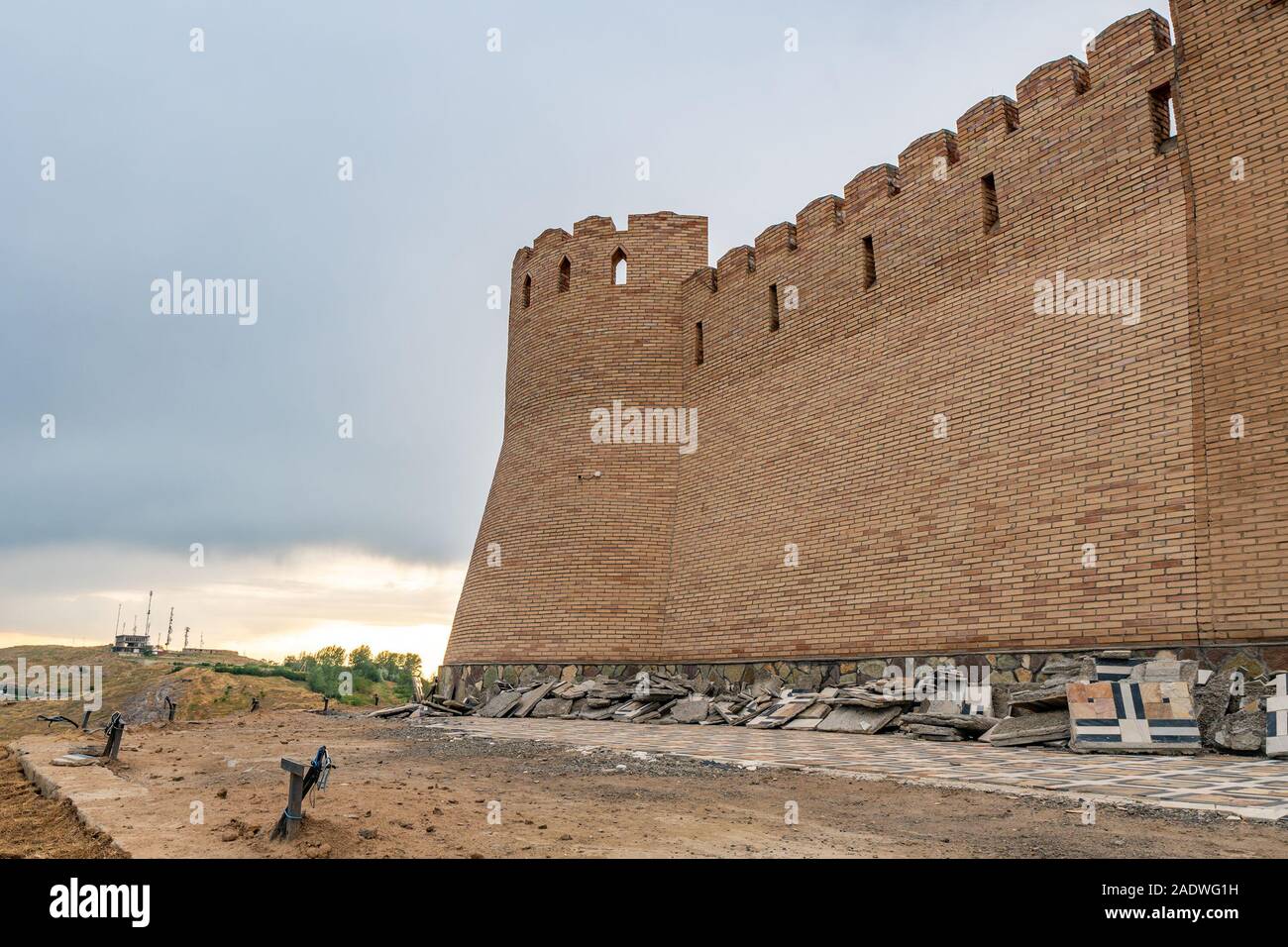 Istaravshan Kalai Mug Teppe Fortress View of Walled Tower on a Cloudy Rainy Day Stock Photo