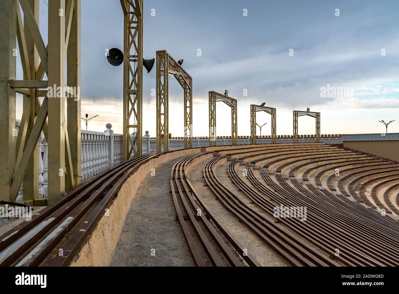 Istaravshan Kalai Mug Teppe Fortress View of Empty Amphitheater on a Cloudy Rainy Day Stock Photo