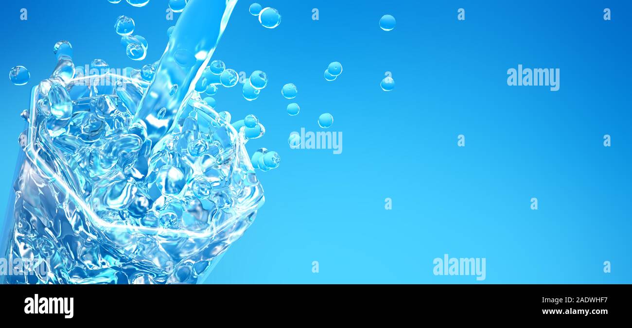 Beautiful blue background with a splash of mineral water in a glass.  3d rendering, 3d illustration. Stock Photo