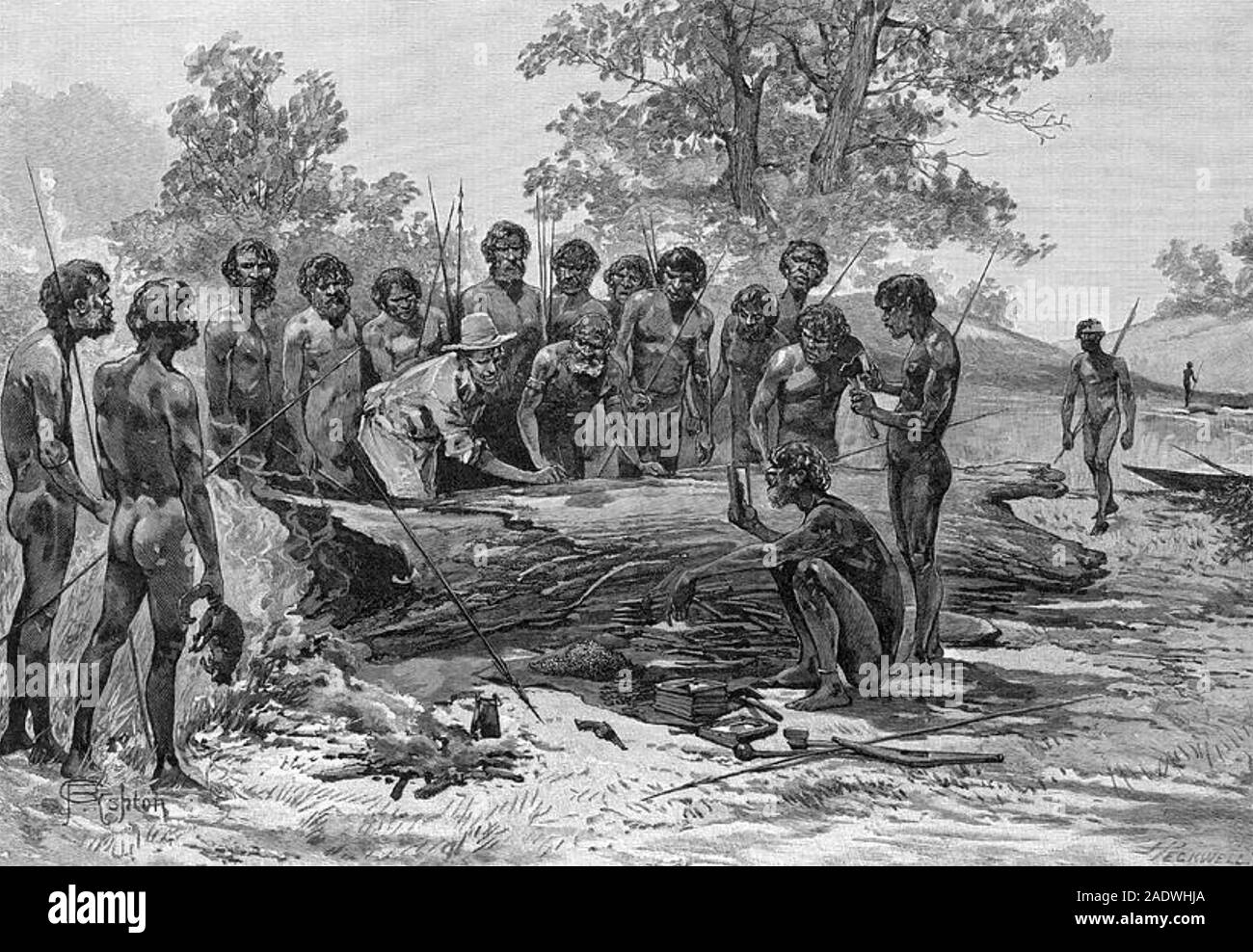 JOHN BATMAN (1801-1839) Australian explorer. Discussing Bateman's Treaty with the Kulin people in 1835 Stock Photo