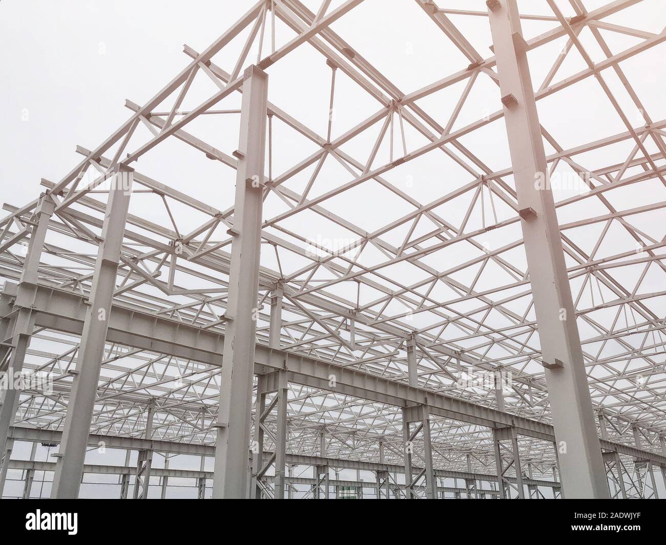Truss ceiling and metal pillars and girders. Support constructions