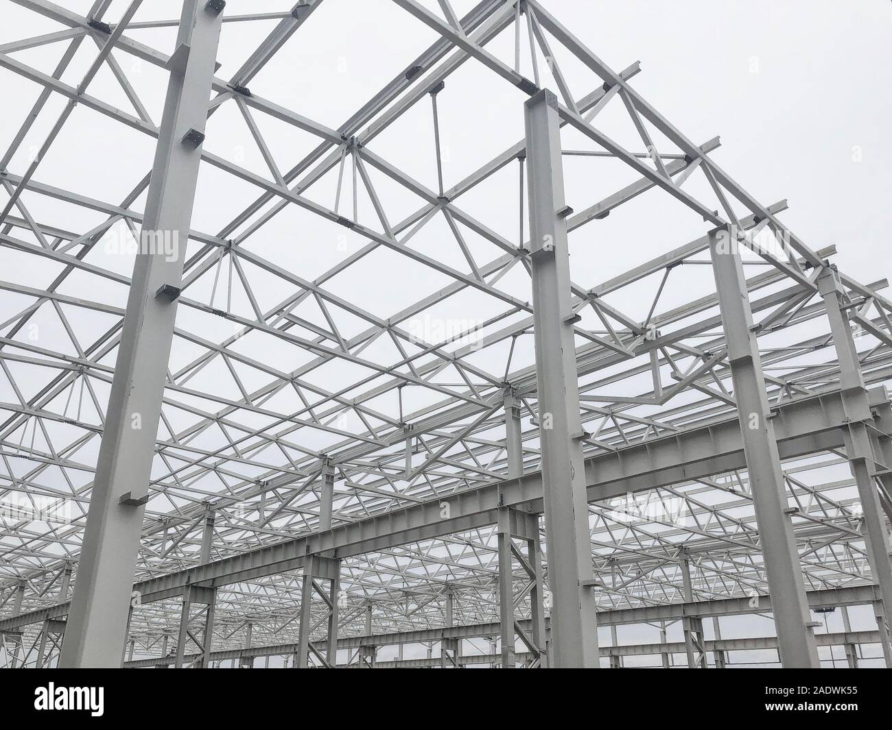 Truss ceiling and metal pillars and girders. Support constructions