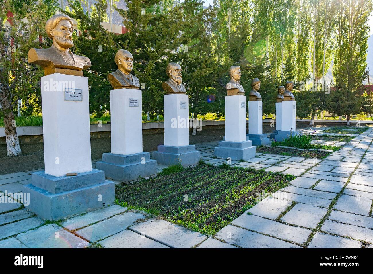 Khorugh GBAO Gorno-Badakhshan Autonomous Region Government Building View of Several Busts on a Sunny Blue Sky Day Stock Photo