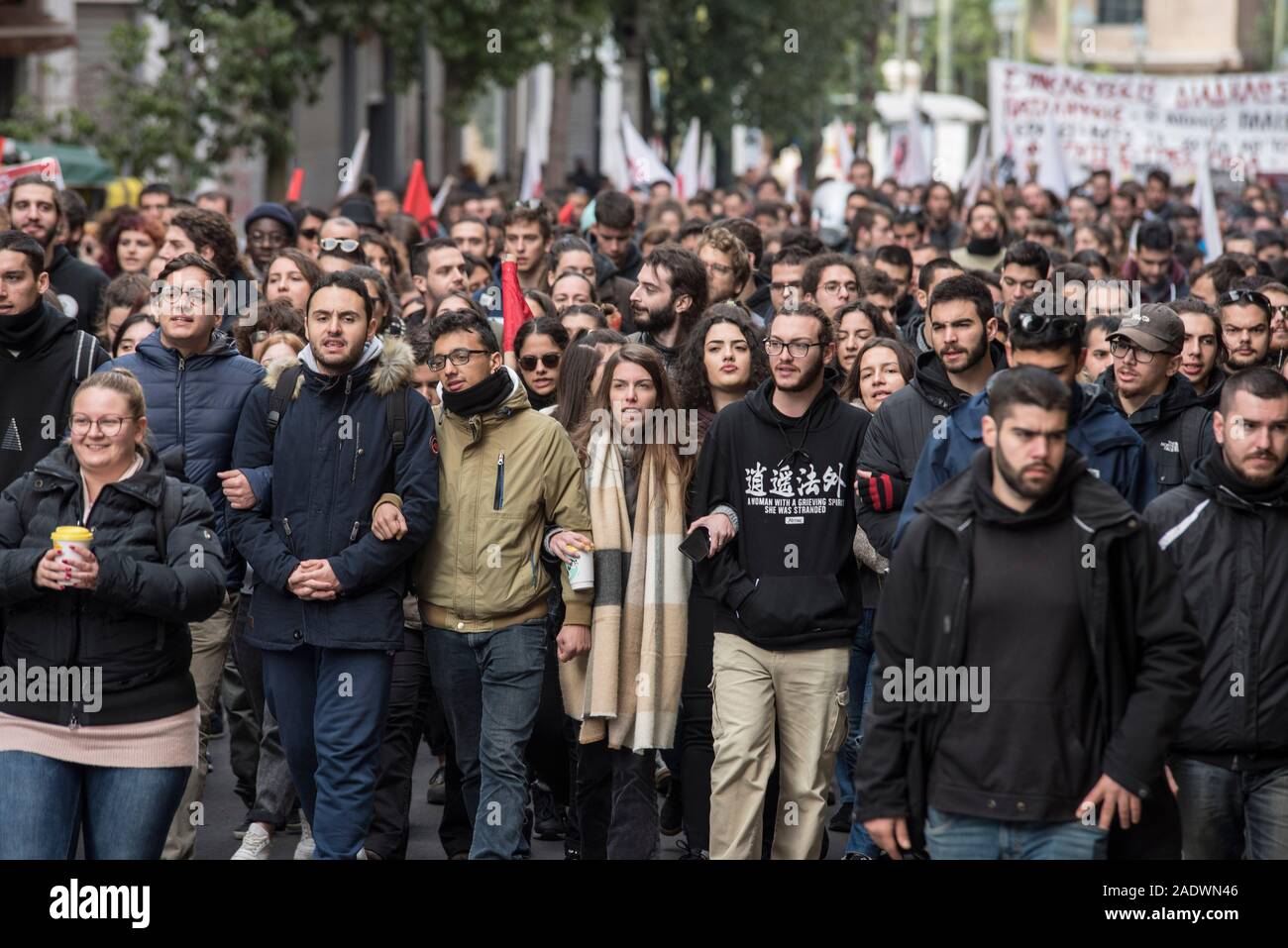 Athens, Greece. 5th Dec, 2019. Students rally holding banners and shout slogans against the government and the minister of education. University students once more took to the streets to demonstrate against upcoming reforms in education, police repression as well as the abolition of the universities' asylum law. Credit: Nikolas Georgiou/Alamy Live News Stock Photo