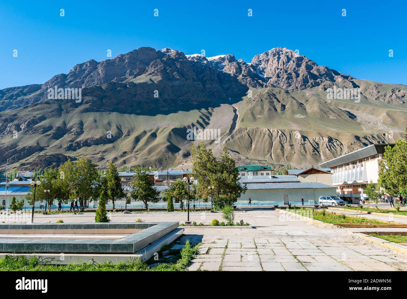 Khorugh GBAO Gorno-Badakhshan Autonomous Region Government Building View of the Opposite Side Mountain on a Sunny Blue Sky Day Stock Photo