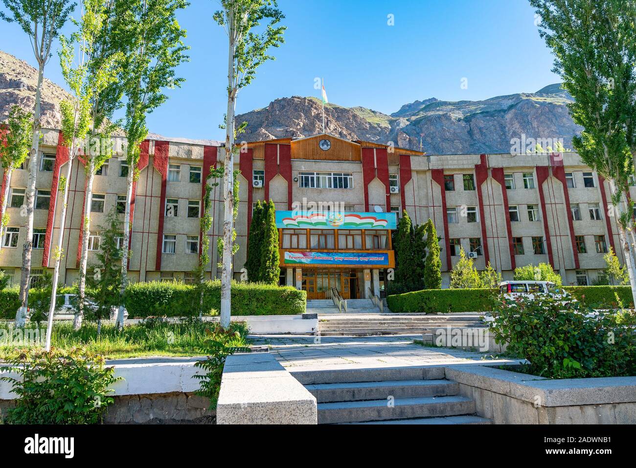 Khorugh GBAO Gorno-Badakhshan Autonomous Region Government Building View on a Sunny Blue Sky Day Stock Photo