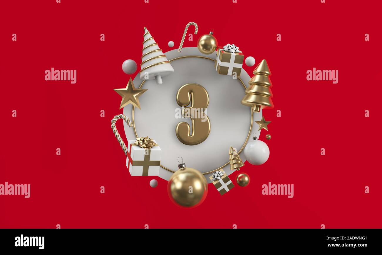 The 12 days of christmas. 3rd day festive circle background. 3D Render Stock Photo
