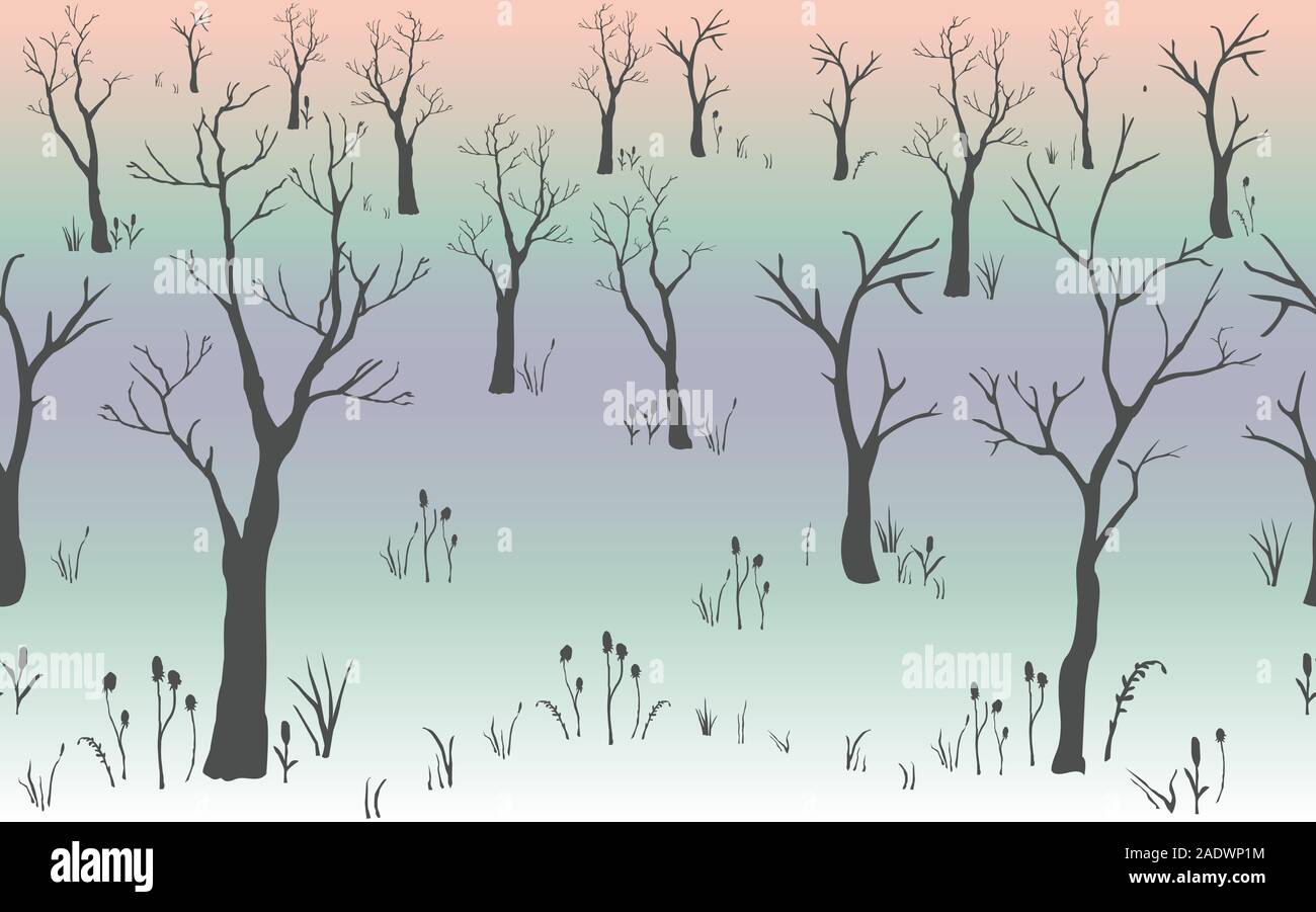 Trees with no leaves. Continuous Pattern. Partly Seamless. Vector Illustration Stock Vector