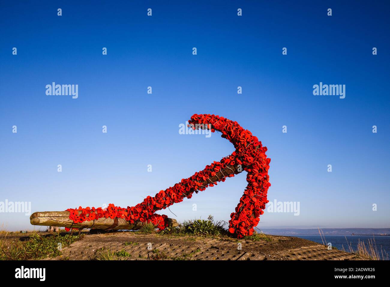 A ships anchor clad in Poppies for Remembrance Day at Appledore in North Devon Stock Photo