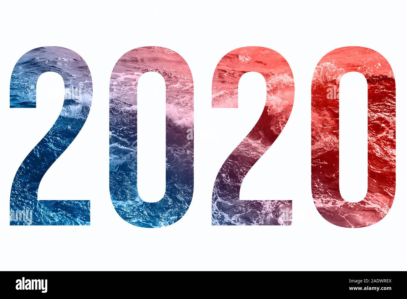 Blue and coral sea waves as texture for digits 2020 symbol of the year. Stock Photo