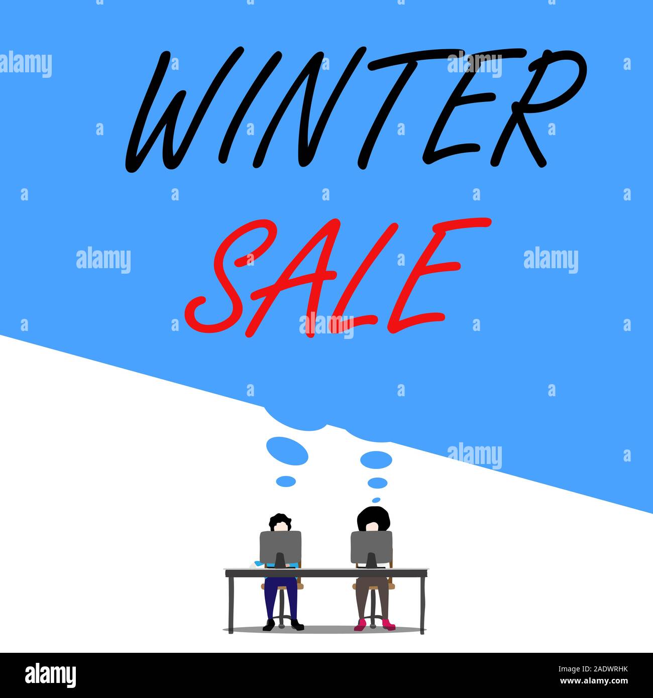 Text sign showing Winter Sale. Business photo text Discounts offered at the end of year Holiday sales lower prices Man with purple trousers sit on cha Stock Photo